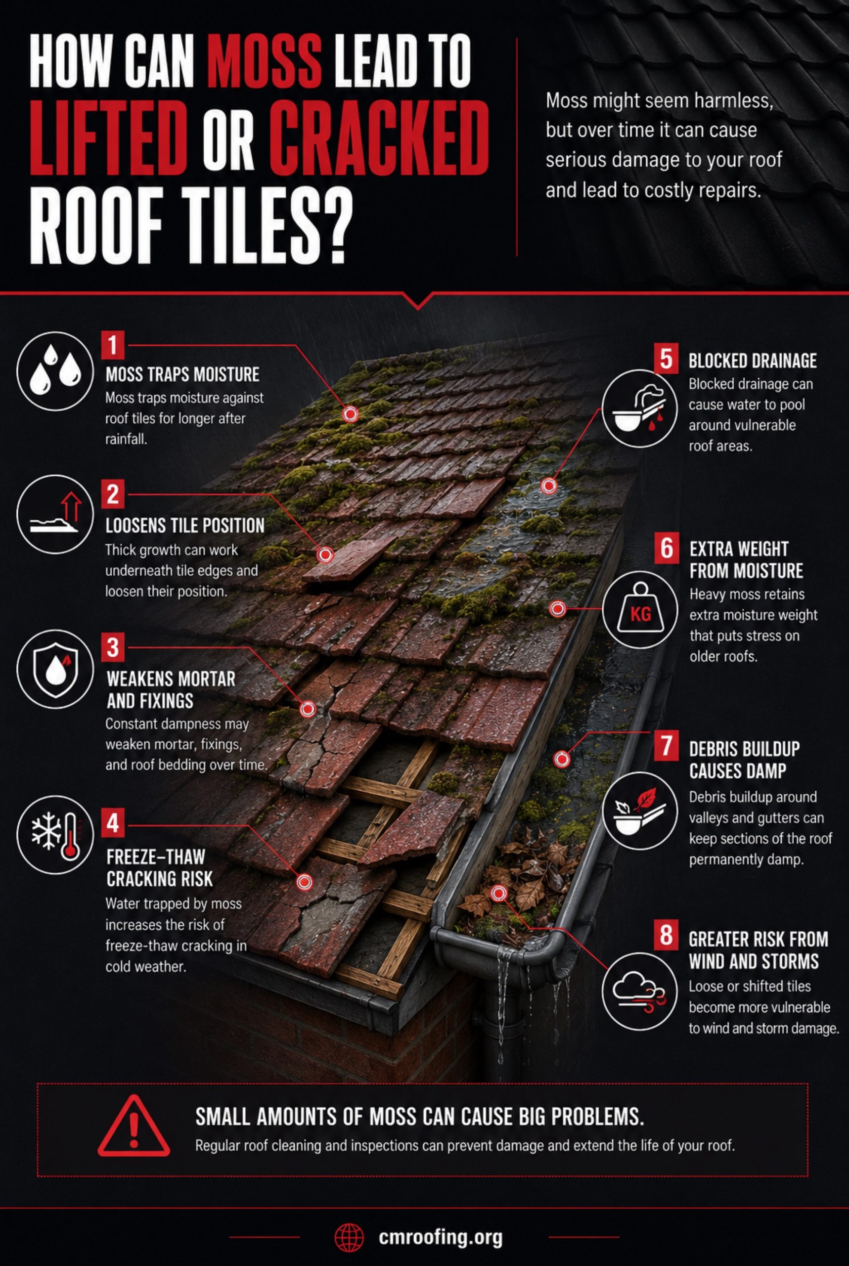how can moss lead to lifted or cracked roof tiles